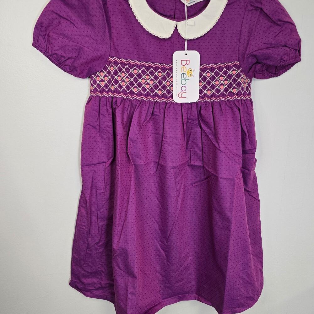 Beeboy Girls Purple Smocked Puff Sleeve Dress with Collar 6 years NWT